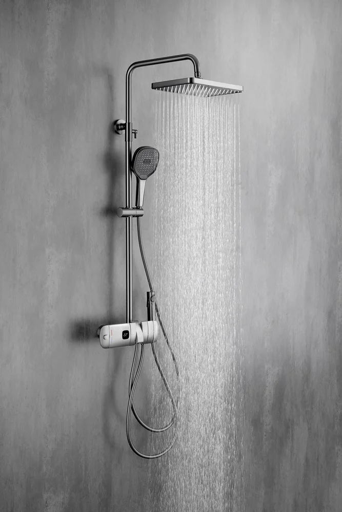 Hot sales piano style new design push button control 4 functions gun metal grey shower set with temperature show