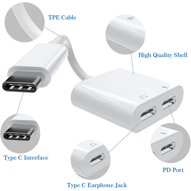 HOT SELL USB C Splitter Audio and Charging, 2 in 1 USB Type C Headphone and Charger Adapter Support Fast Charging Compatible