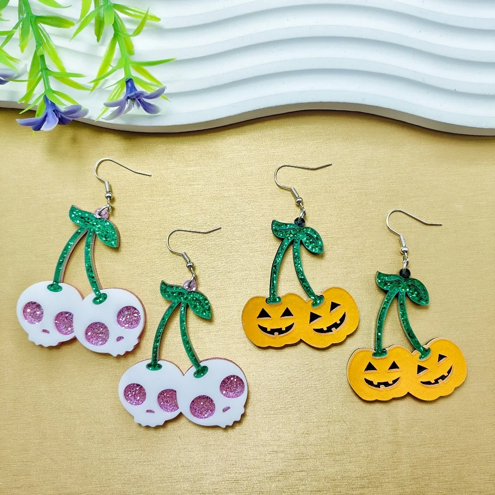 Fashion Creative Colored Cherry Pendant Statement Earrings Horror Jewelry Cute Acrylic Halloween Bling Pumpkin Skull Earring