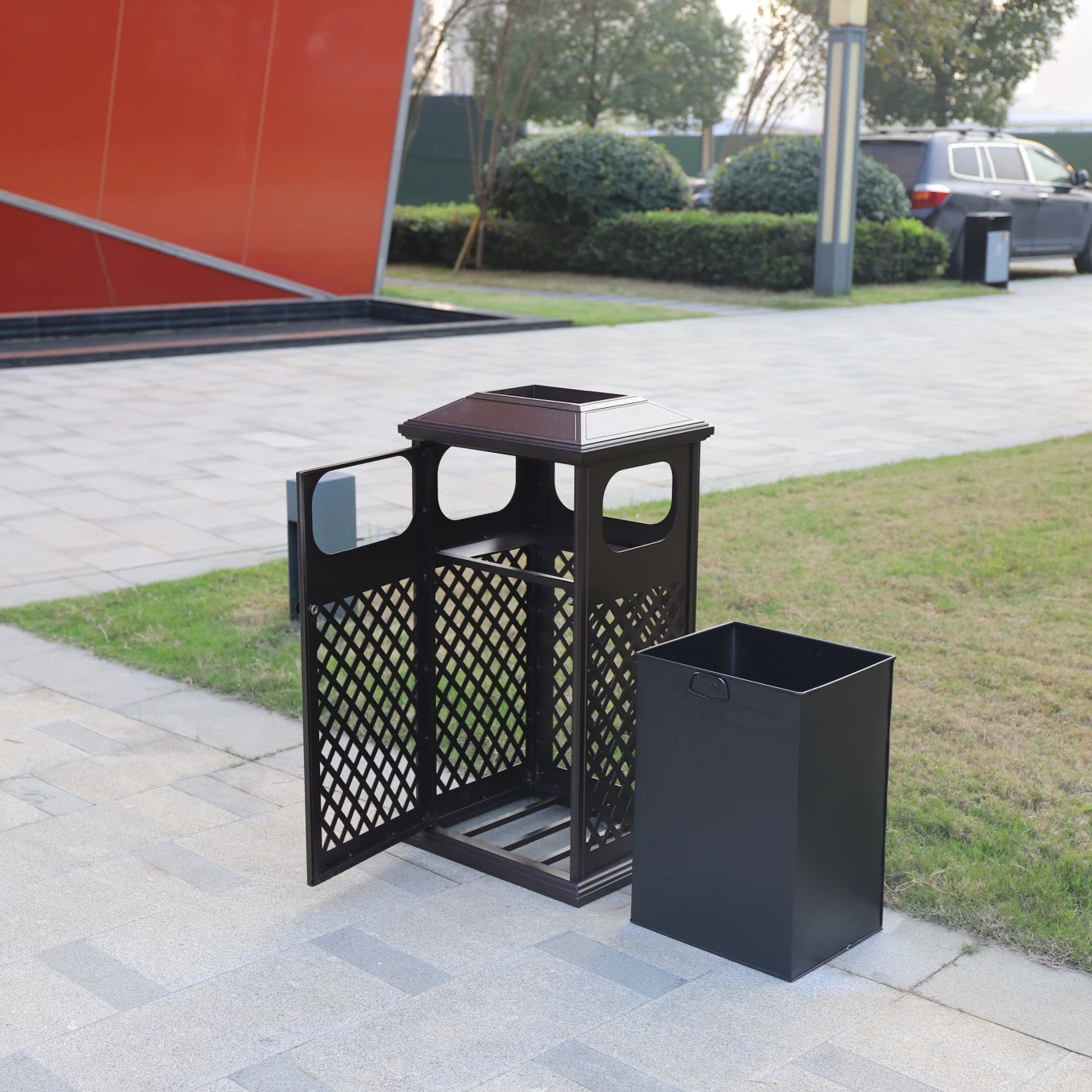 Cast Aluminum litter bin for garden outdoor trash can with ashtray single metal bin for street garbage bin