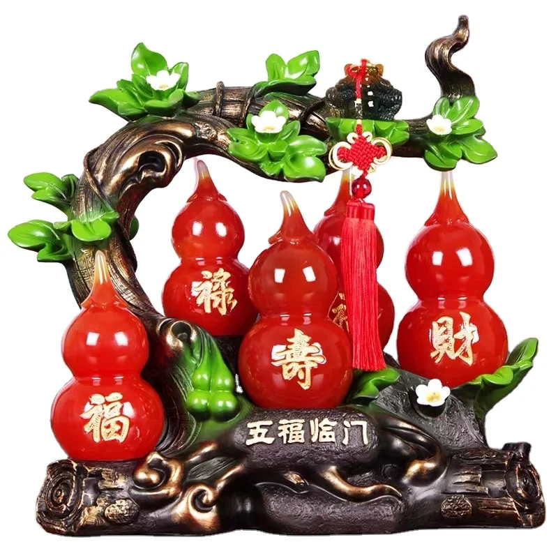 Chinese Traditional Fengshui Poly Resin Home Decoration Sculpture  Red Jade Finish Wulu gourd Sculpture