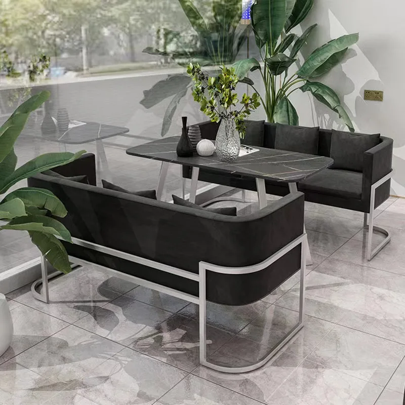 New Arrival fast food U shape upholstery black leather booth restaurant tables and sofa chairs furniture restaurant sets