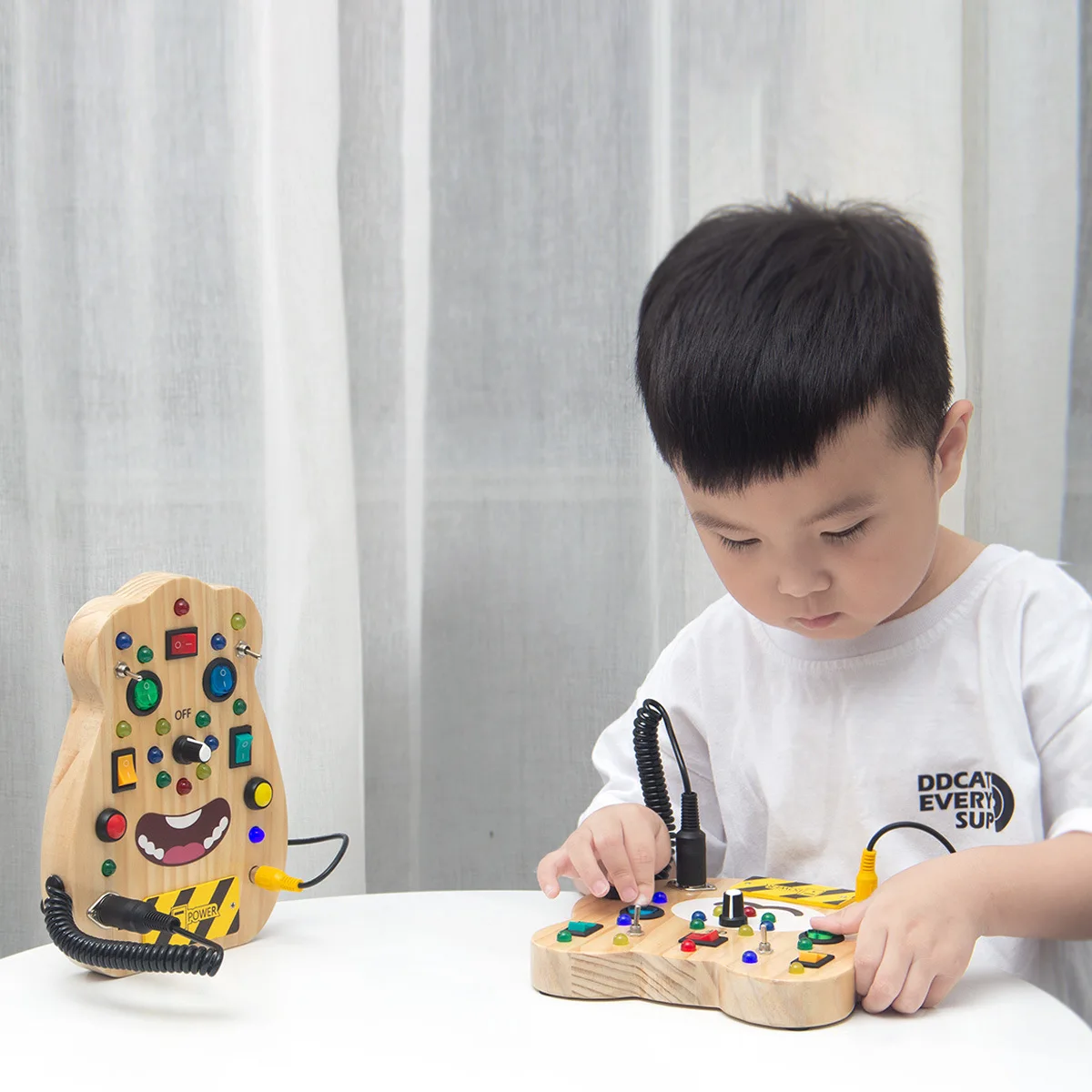 Children Wooden Switch Smile Face Toys Kids Early Educational Kids LED Light Power Button Game Montessori Bear Busy Board
