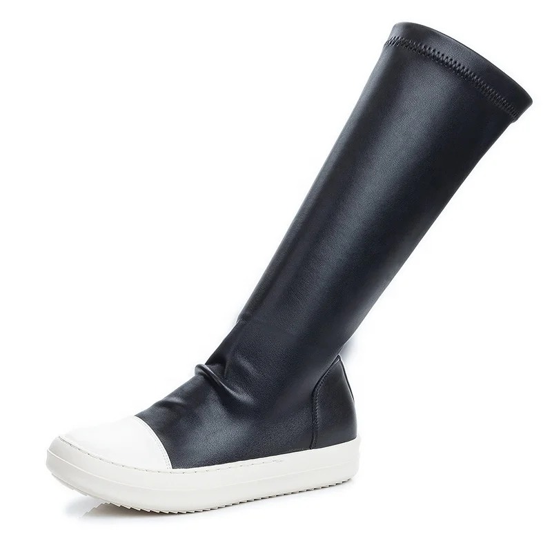 2021 thick soled thin boots leather knee High barrel bottom Plush bootslong boots flat bottomed size 4XL elastic boots for women