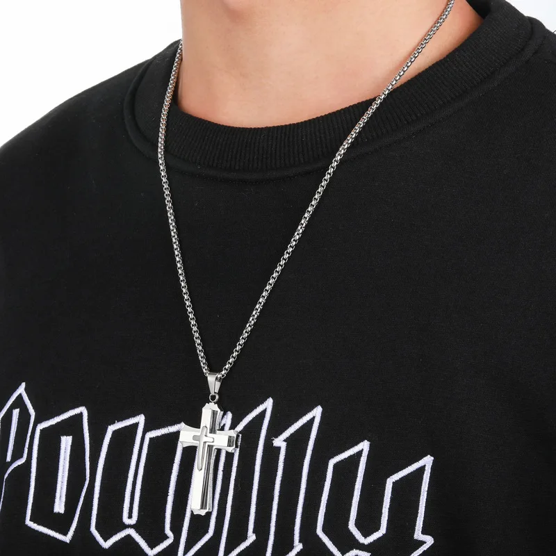Big Titanium Steel Cross Pendant Necklace for Men Teen Boys Jewelry Three Layers Jesus Cross Crucifix Necklaces with Box Chain