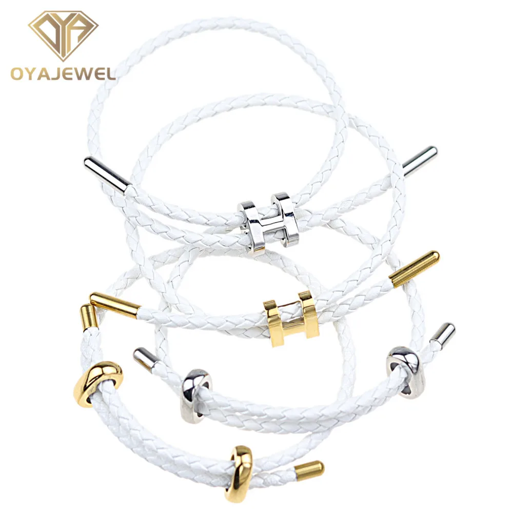 OYA genuine leather bracelet series 2024 jewelry trends stainless steel Bunkle Adjustable White Braided Genuine Leather Bracelet