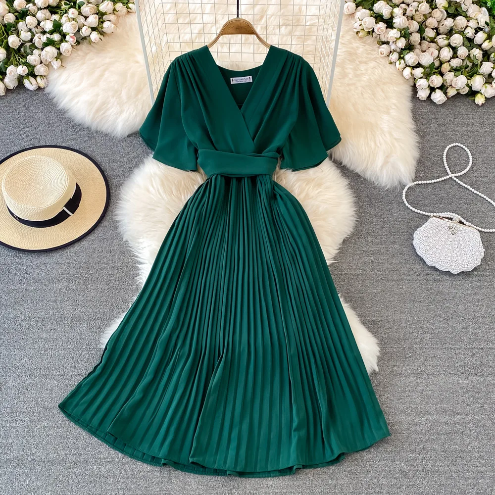 summer short sleeve evening Vintage V neck dress fashion Casual pleat high waist dresses for women