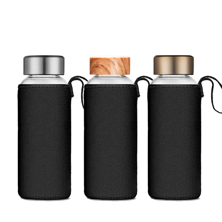 Custom Logo With Metal Lid Sleeve 500ml Clear Container Drinking Borosilicate Glass Water Bottle