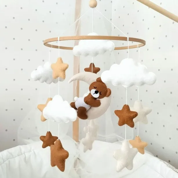 Boho Baby Mobile with Sleeping Bear neutral Teddy bear felt baby mobile stars clouds Mobile