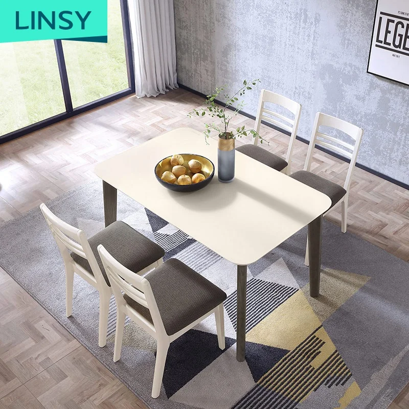 Linsy Top Banquet Luxury Home Furniture Dinning Set Italian With 4 6 Chairs White Wooden Modern Glass Top Dining Table LS062R1