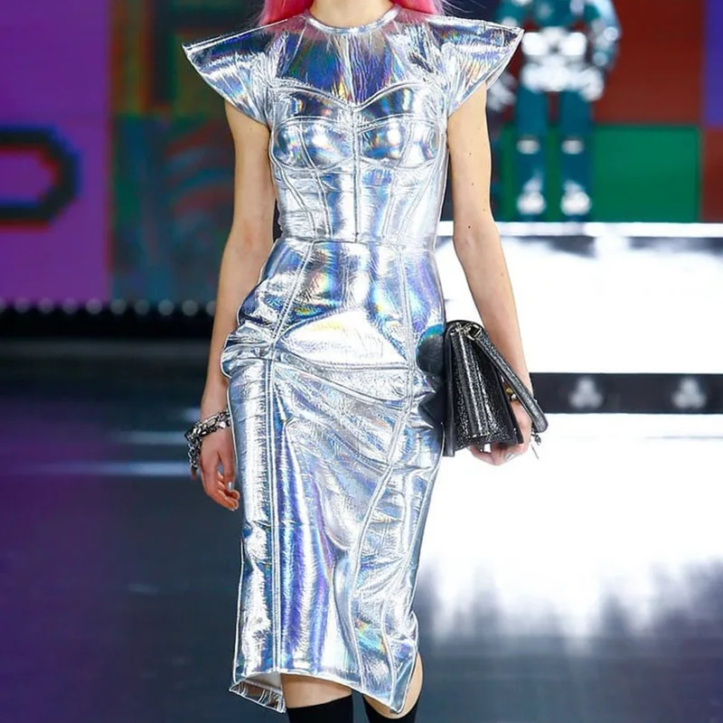 Silver Metal Color Dress One-step Skirt Reflect Light Sleeveless Zipper Dress