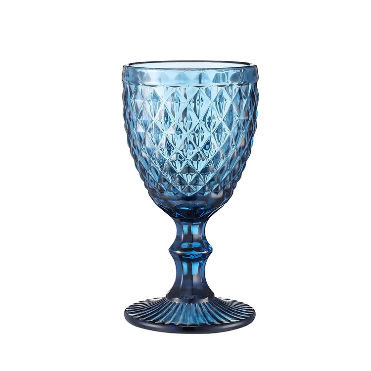 Wholesale Vintage Embossed Blue Wine Goblet Portable Food Grade Glass Water Cup Reusable Glassware Hotel Use Colored Wholesale