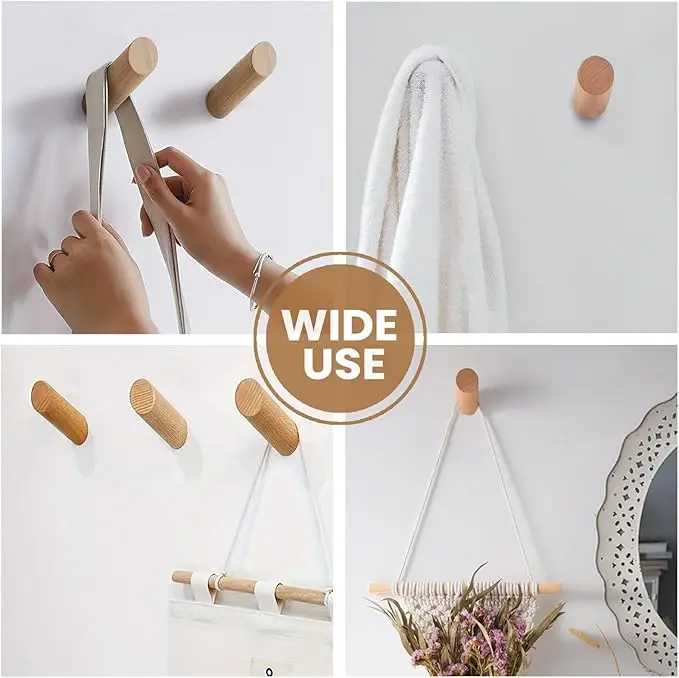 Wooden Hooks Wall Mount, No Damage Adhesive Hat Hooks, Decorative Coat Hangers for Hanging Clothes Towels Guitar Backpack Purse