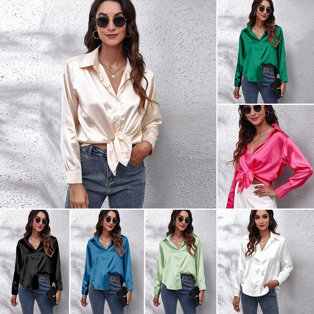 Custom Women soild color Silk Shirt Tops Lady Long Sleeve Office Silk Ladies satin blouse