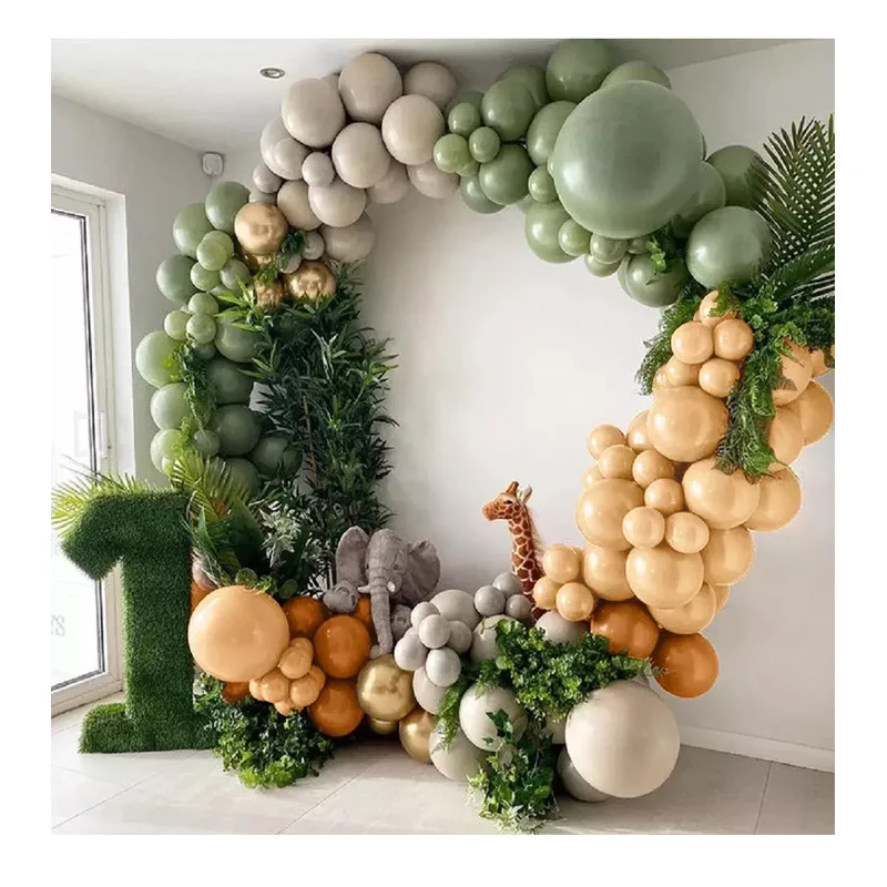 155pcs Coffee Balloon Arch Kit Garland Chrome Gold Sage Green Globos Safari Baby Shower Kids Wild One 1st Birthday Party Supply