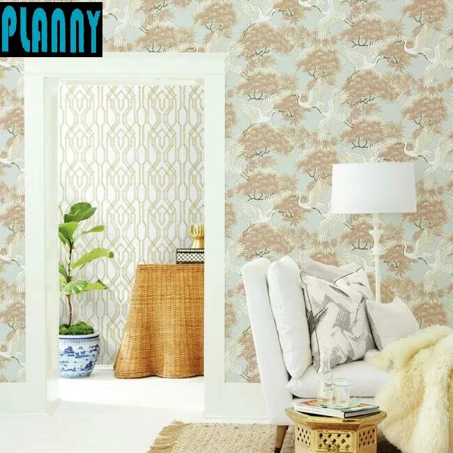 Chinese style Sprig & Heron customized mural non woven paper canvas wallpaper for living room