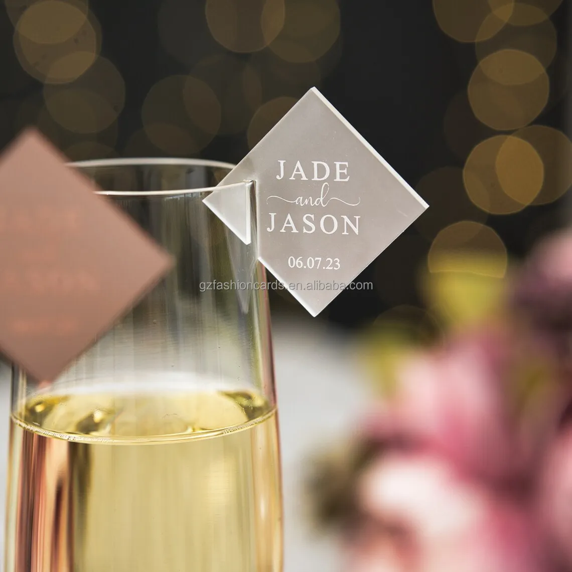 Customized Acrylic Wedding Drink Toppers Gold Mirror Champagne Drink Tags