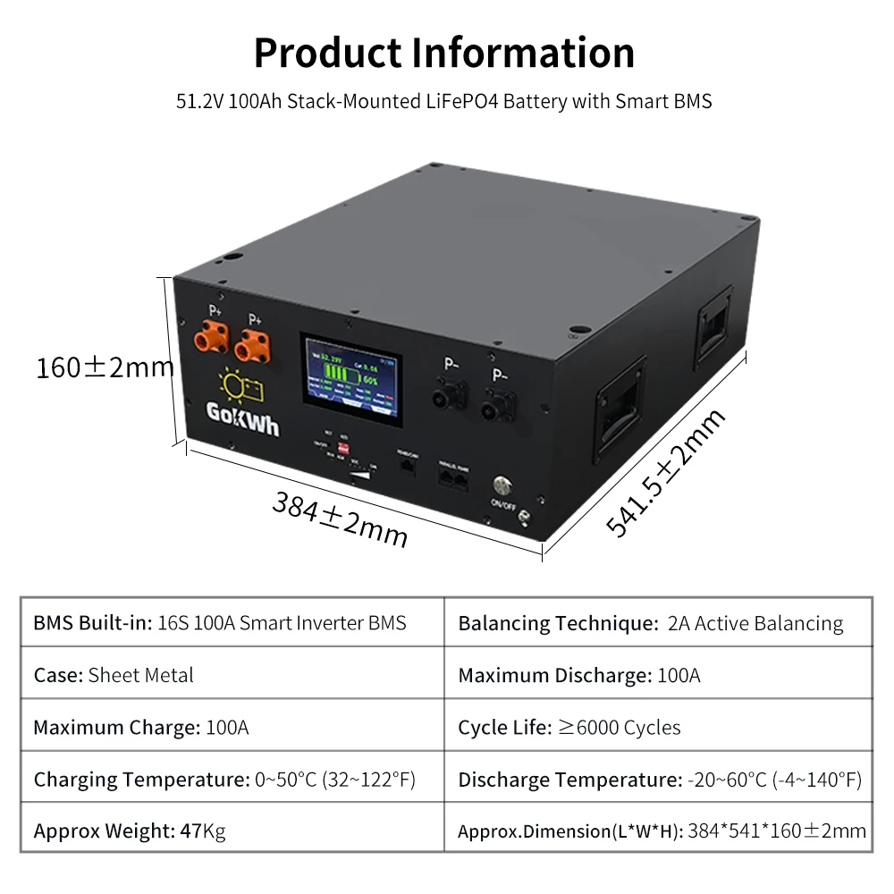 GoKWh 48 В 100Ah 51 2 Lifepo4 солнечная домашняя система хранения энергии 200Ah LFP литиевая батарея для инвертора