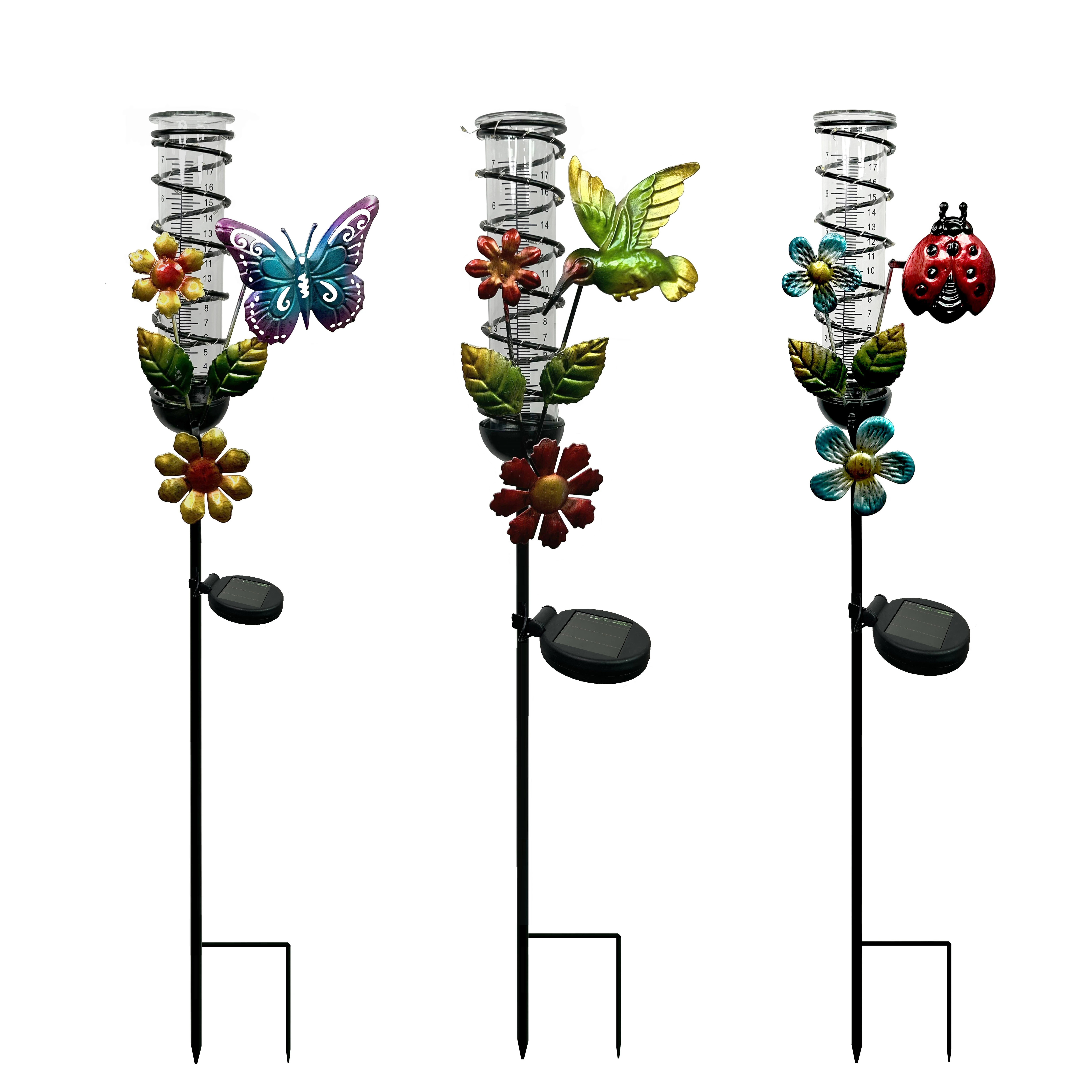 Glass Tube Rain Gauge Metal Butterfly & Ladybug & Hummingbird with Solar Lights Rain Gauge Stake for Garden Decor