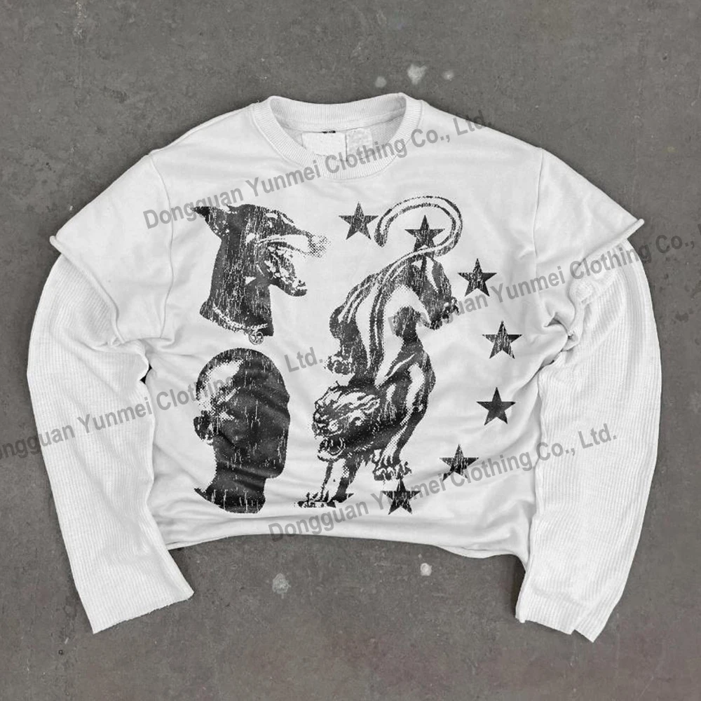 Custom screen printing french terry cut and sew graphic t shirt double layer Fleece Thermal long sleeve t-shirt for men Supplier