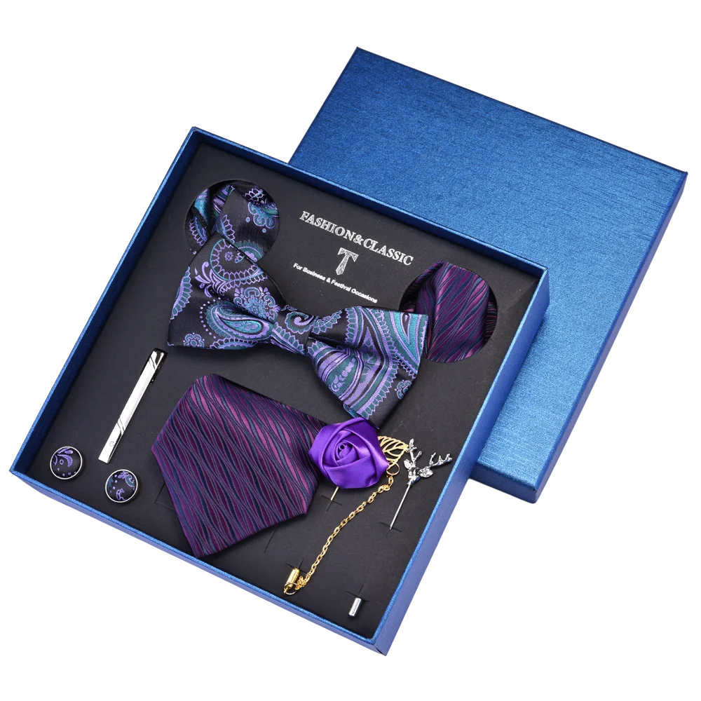 Custom Mens Necktie Bowtie Pocket Square Lapel Pin Cufflinks Tie clip Sets Wedding Tie with Gift Box Set 8pcs Silk Tie Set