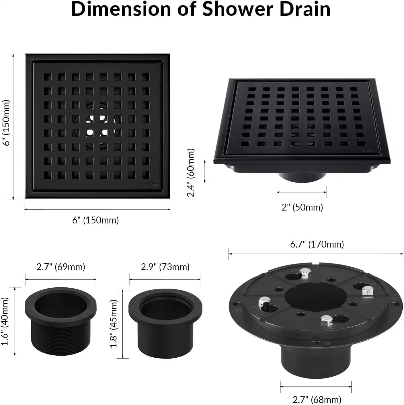 Stainless Steel Matte Bla 6 Inch Square Shower Drai Flow Shower Drain kit Floor Drain with Removable Grid Cover