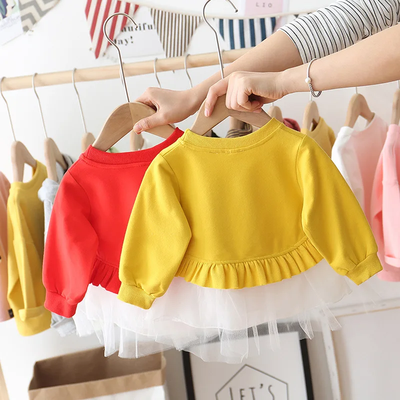 Hao Baby Girls 2022 Spring New 1-3 Year Old Baby Long Sleeve Toddler Stitching Net Yarn Infant Princess Skirt