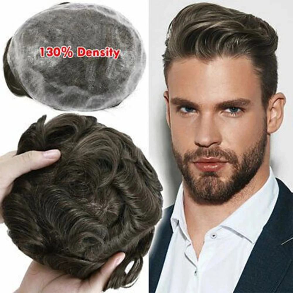 Thin Skin Men Toupee 0.06mm Transparent Poly Remy Human Hair Wig Full Pu Hairpiece System Capillary Prosthesis Black Brown