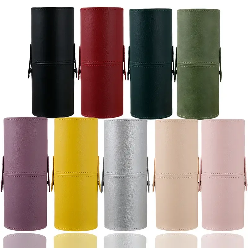 private label round Leather Make Up Brushes Storage Case private label Beauty Cosmetic Makeup Brush holder Cylinder