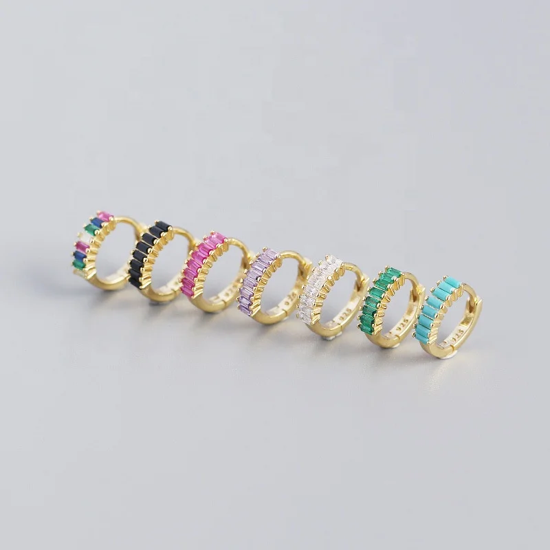 Silver Jewelry Manufacture 18K Gold Vermeil Huggies Tiny  925 Sterling Silver Plated rectangle Stone Zircon Hoop Earrings