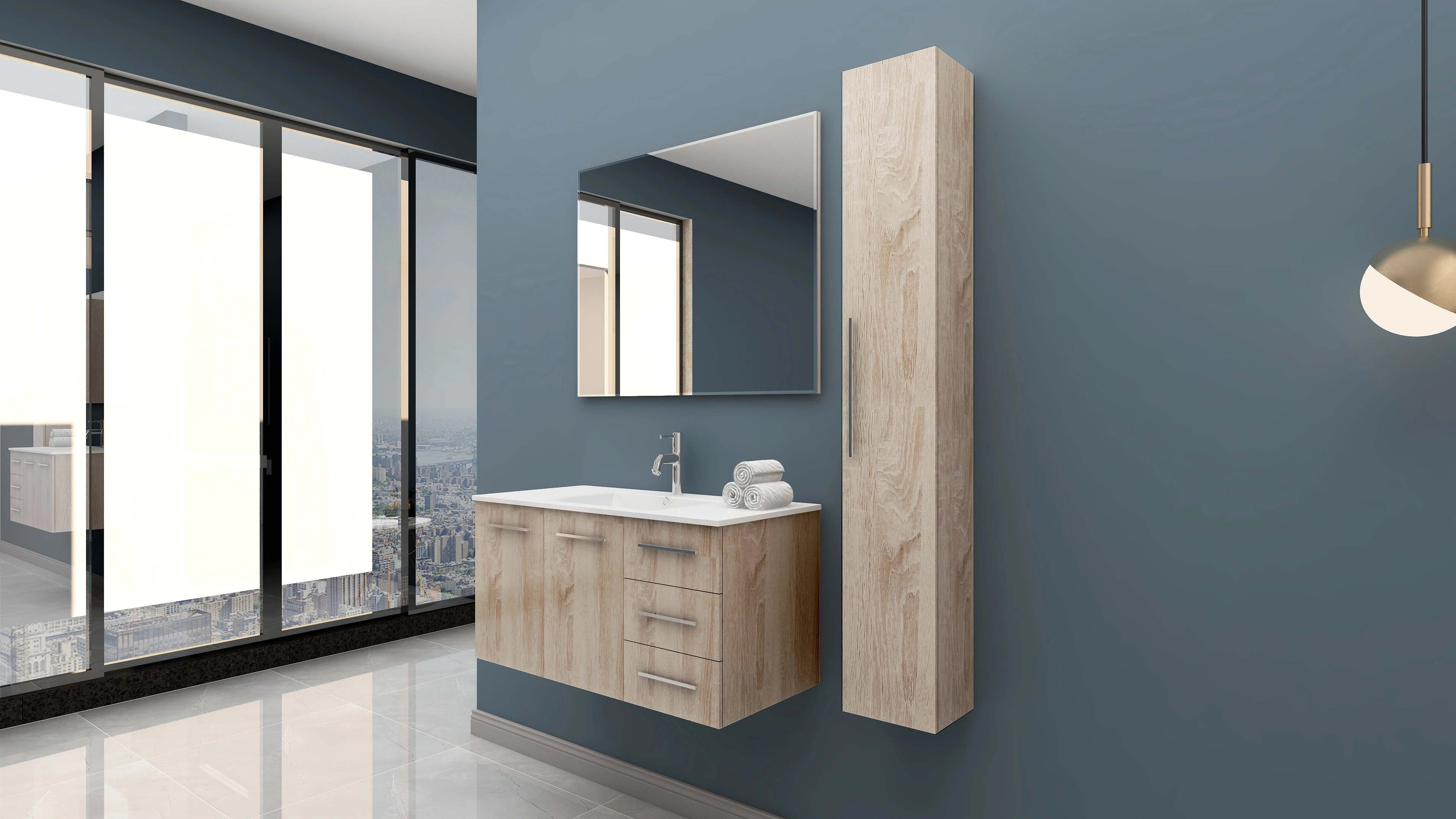 
Modern furniture wall mounted 100cm single sink bathroom furniture set with side cabinet 