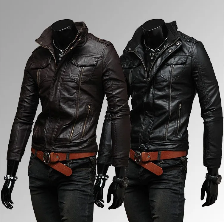 best sell winter pocket multi zipper coat stand collar motorcycle pu leather jacket for men