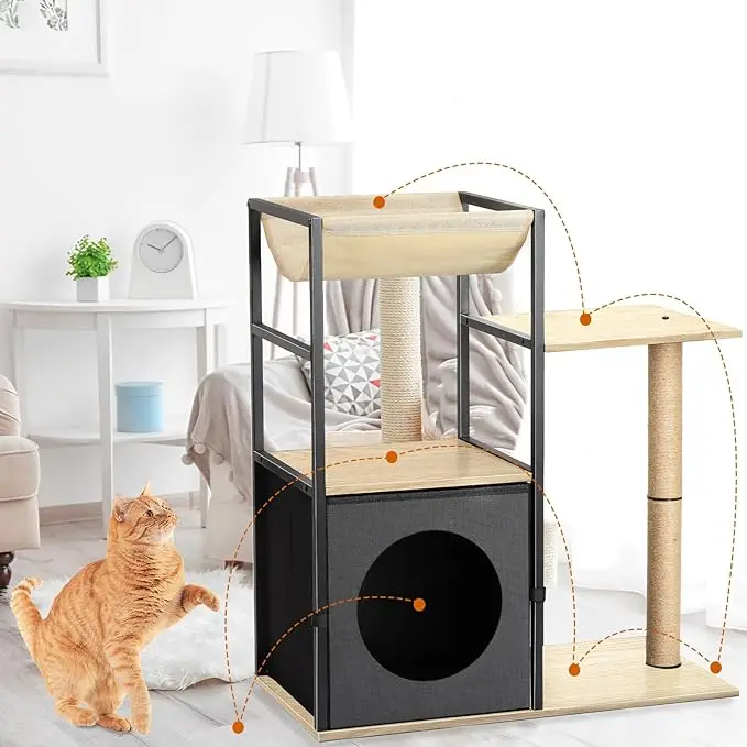 Grey Cat Tree Tower: Indoor Cat Tower with Condo, Hammock, Scratching Post - Perfect for Kittens and Cats