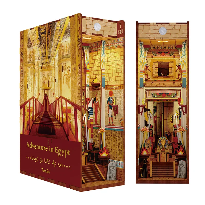 Tonecheer Adventure in Egypt Book nook kid toys, 3D wooden puzzle, DIY bookends with body sensor led light