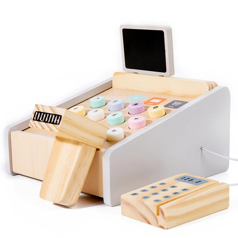 Mumoni Pretend register set Simulation educational toy with round coins Kids wooden cash register toy