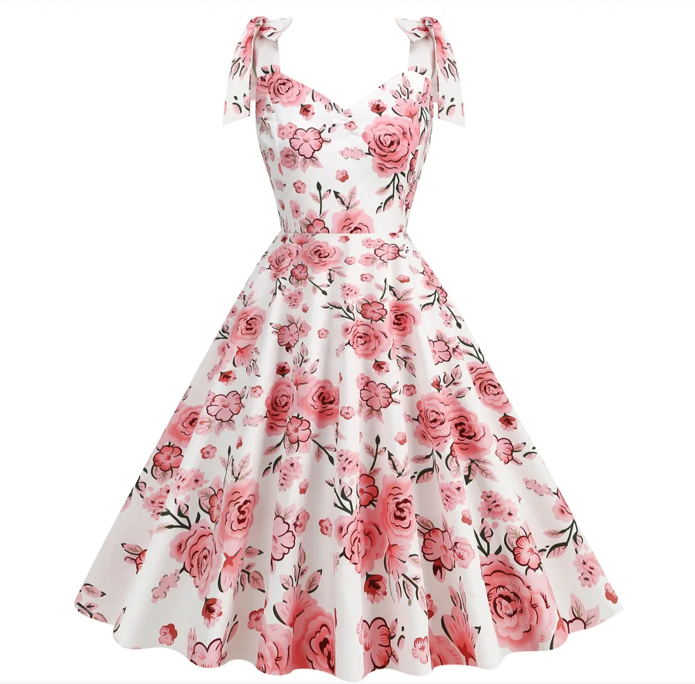 Mother Daughter Summer Cotton Midi Party Dress  Sleeveless Straps Vintage Rockabilly Dress for women girls