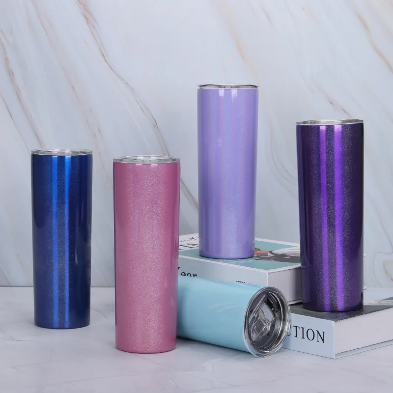 Hot sale 20oz vacuum insulation straight bottle double wall stainless steel skinny tumbler rainbow cup with lid