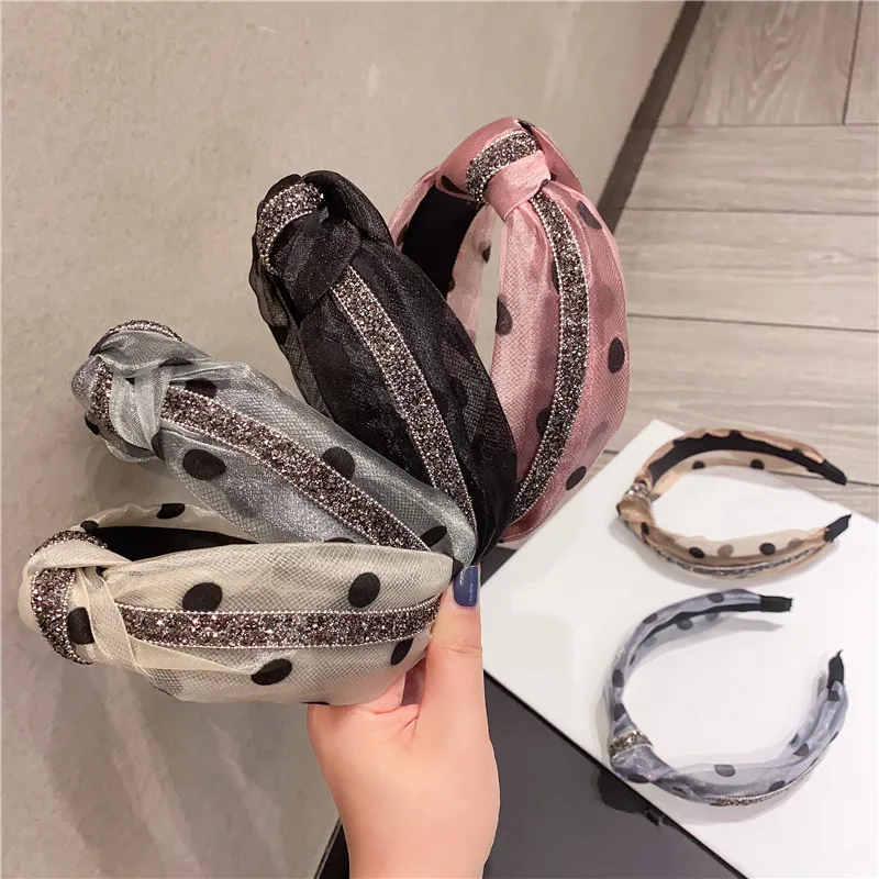 Rhinestone Glitter Diademas Polka Dot Lace Fabric Wide Brim Hair Band Middle Knotted Flannel Lining Padded Cloth Hair Bands