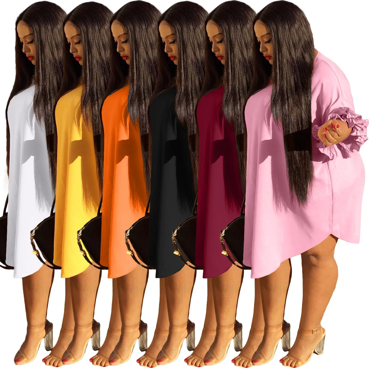 Wholesale XL-5XL Plus Size Women Clothing Solid Loose Casual Dresses Ruffles Sleeve Midi Dress For Ladies