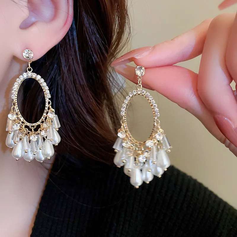 Rhinestone Oval Waterdrop Crystal Pearl Tassel Drop Earrings Retro Palace Style Earring Fashion Jewelry