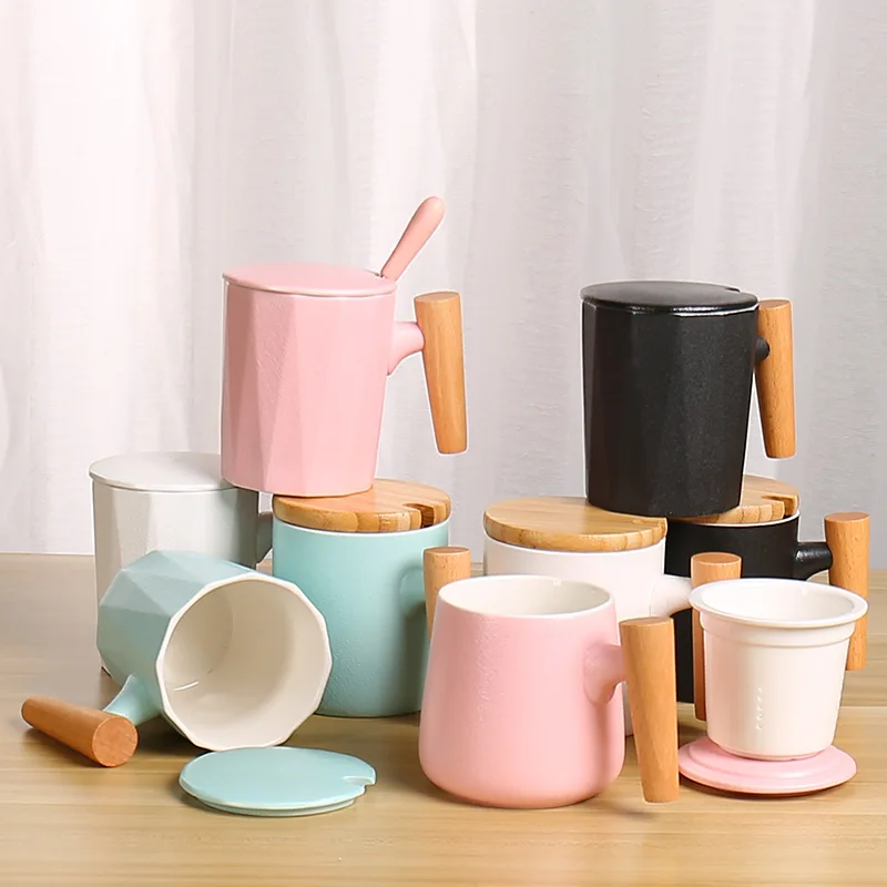 
Amazon Ebay Hot Sale Custom Ceramic Cup 380ml 400ml Ceramic Mug with Lid And Wooden Spoon 
