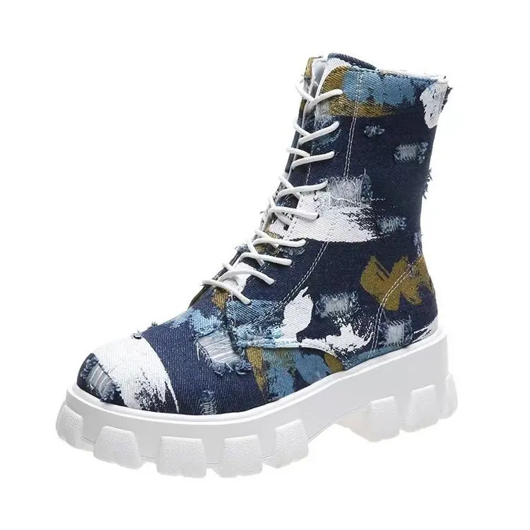 Wholesale Casual Boot Woman Lace up Denim Chunky Heel Martin Boots Camouflage Women Shoes Winter