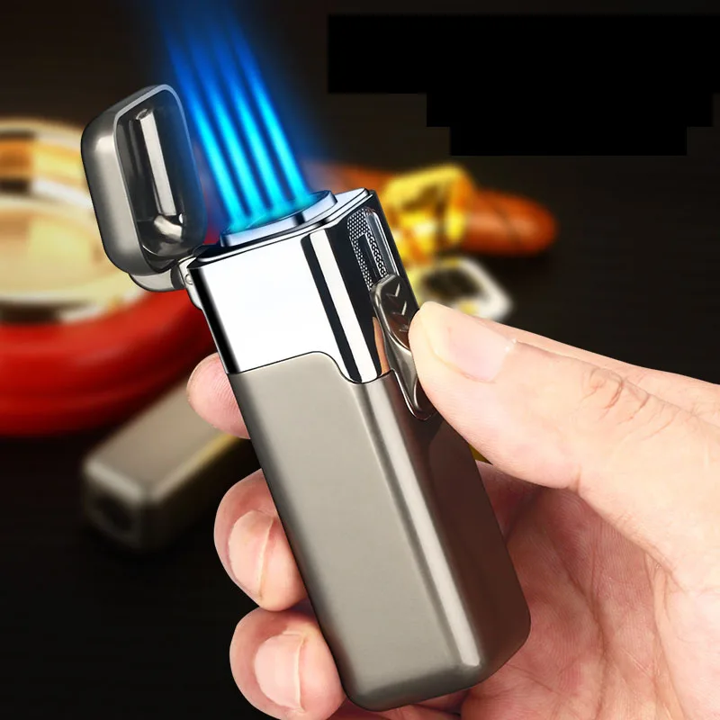 Custom Logo Refillable Gas Four Straight Flames Jet Torch Lighter Windproof Jet Flame Gas Cigar Torch Lighter with Punch