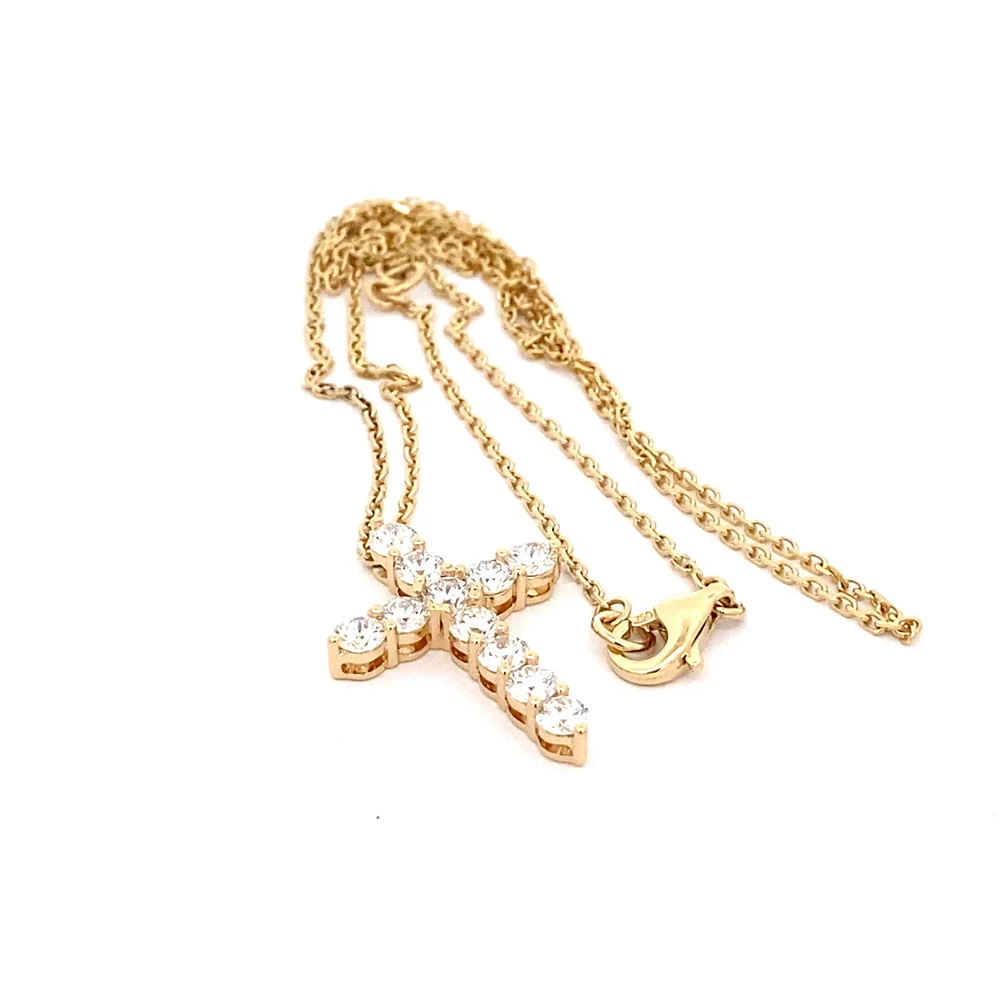 FirstMadam 14K Yellow Gold 1.1 CTS VVS Lab Diamond Cross Pendant Necklace For Stacking