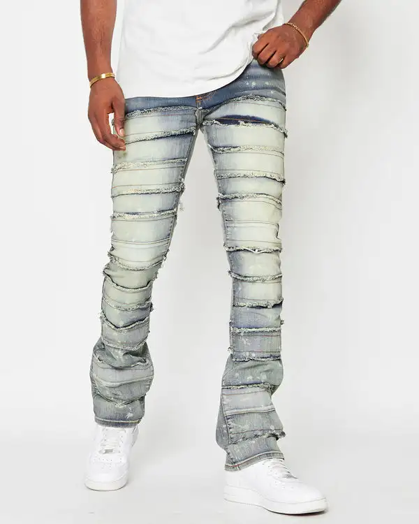 Men Patch Washed stacked denim Slim Ripped Pants mens loose fitting long super flare baggy stacked jeans pants detressed blank