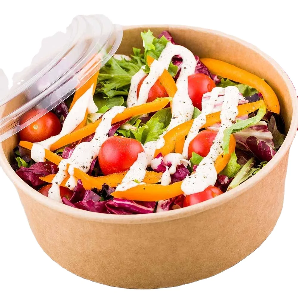 Kraft Paper Bowl With Secure Clear Lids Eco-Friendly Food Containers Hot Or Cold Dish To Go Packaging