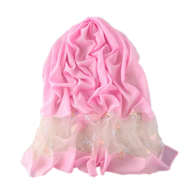 imitation silk wool scarf women summer sunscreen shawl autumn and winter pure color embroidered silk scarf