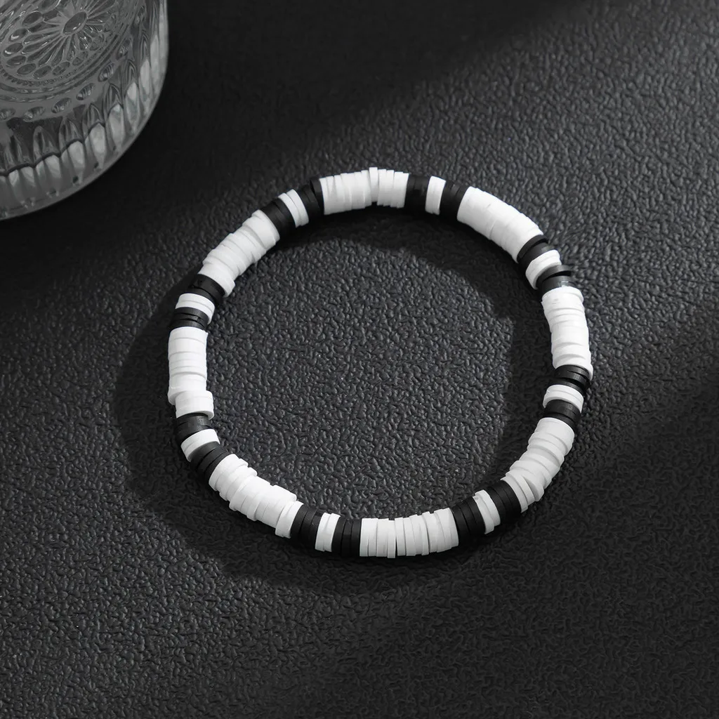 Bohemian Style Minimalist Black White Splicing Soft Ceramic Geometric Bracelets for Men Soft Pottery Jewelry