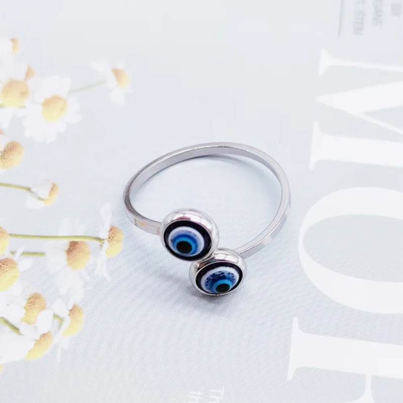 Stainless Steel Evil Eye Ring Silver Crystal Turkish Blue Eyes Adjustable Open Rings For Women Men