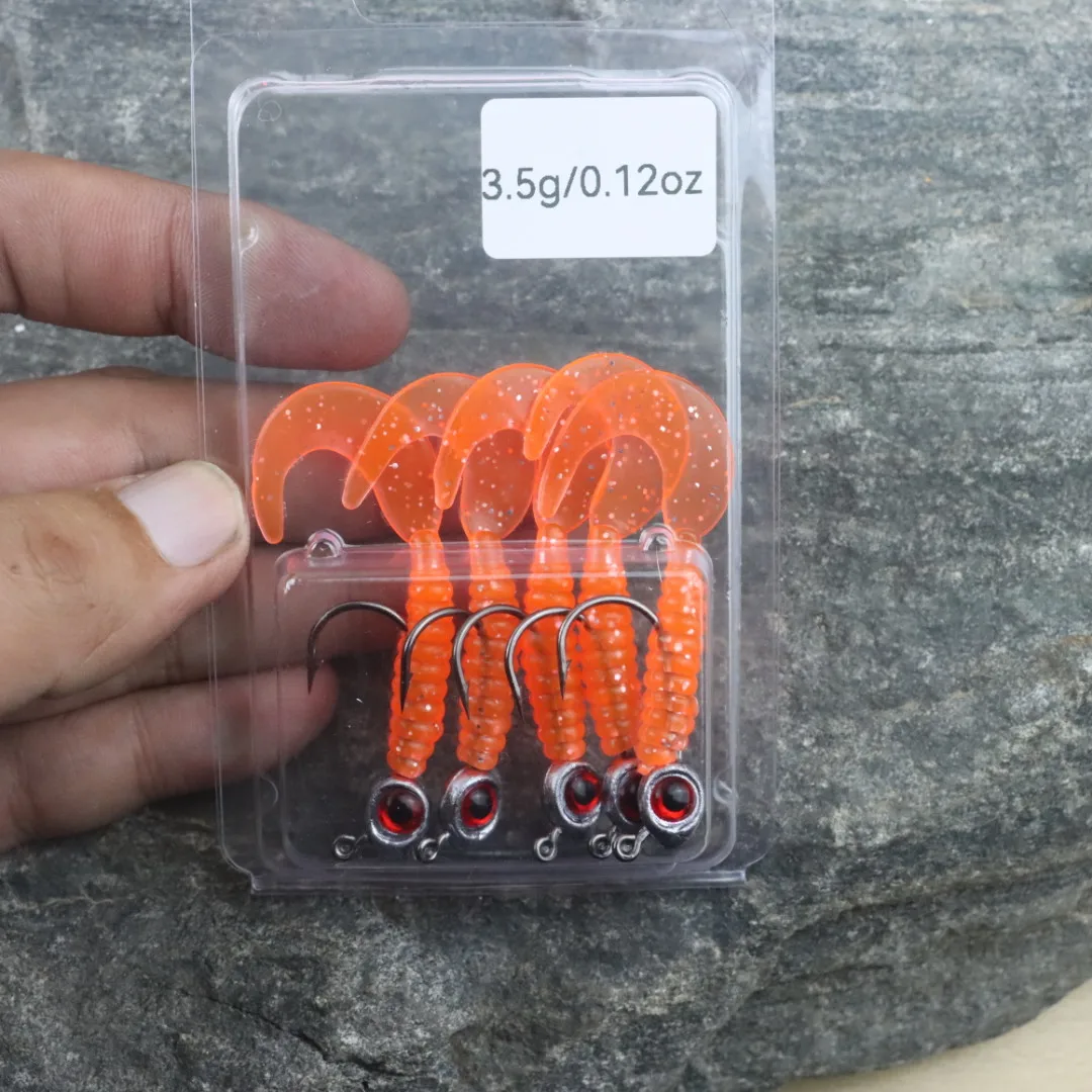 New Pre rigged soft lures 5.5cm 3.5g/5g 5pcs/bag 4pcs/bagwith Jig Head Hooks Worm Tail Lure Grub Baits